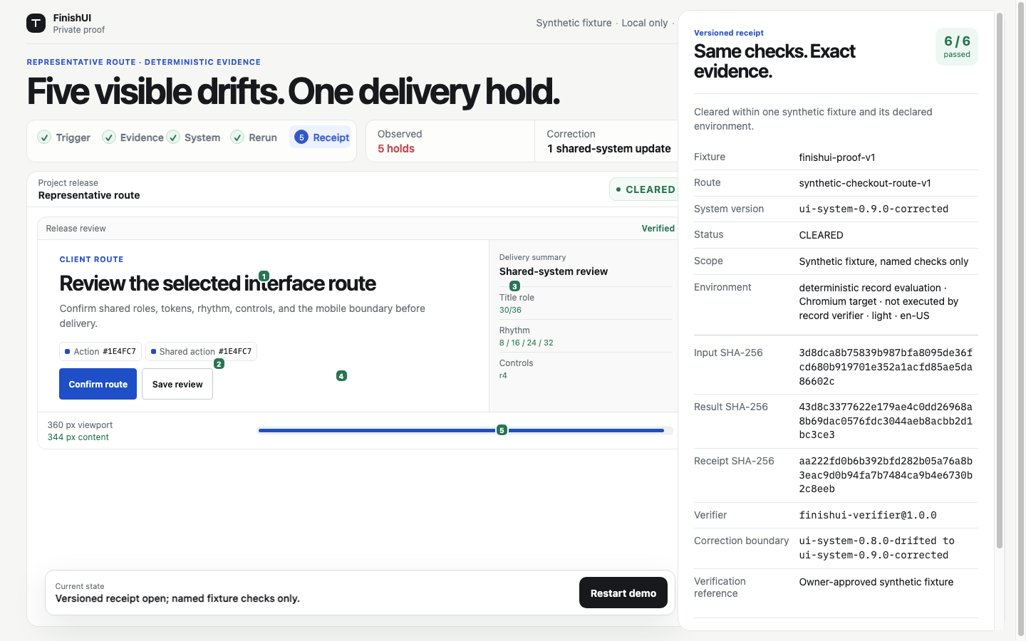 Synthetic FinishUI delivery receipt after a UI correction and rerun
